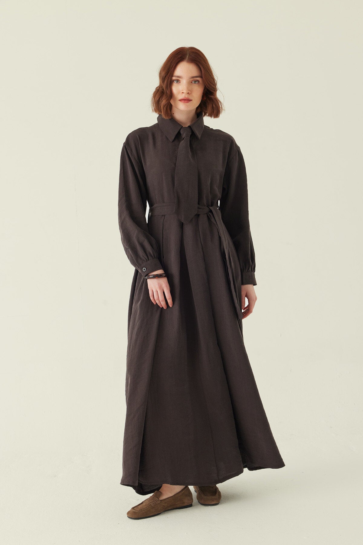 Maxikleid mit Krawattendetail aus Lyocell in Braun